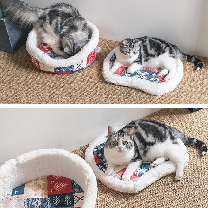 Cat Cave Bed – Plush, Warm & Calming Hideaway with Detachable Lid & Mat, Covered House for Indoor Kitten & Kitty (Redwhite)