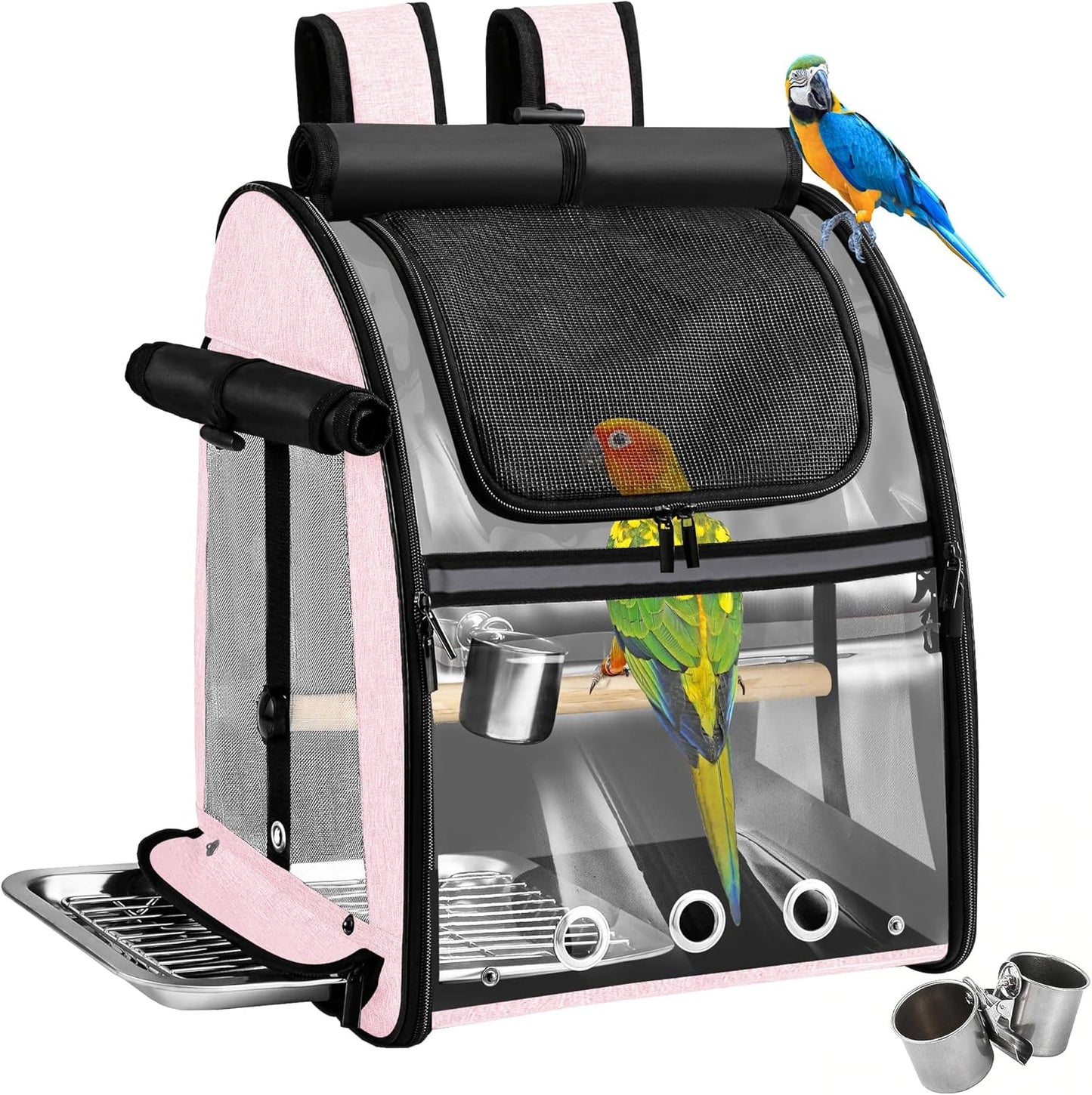 Sanmoncare Bird Carrier Backpack with Stainless Steel Mesh, Parrot Travel Cage with Stand, Easy to Clean, Portable Conures Travel Bag, Pet Breathable Travel Cage