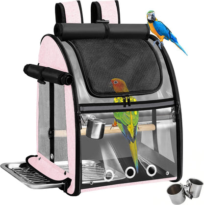 Sanmoncare Bird Carrier Backpack with Stainless Steel Mesh, Parrot Travel Cage with Stand, Easy to Clean, Portable Conures Travel Bag, Pet Breathable Travel Cage