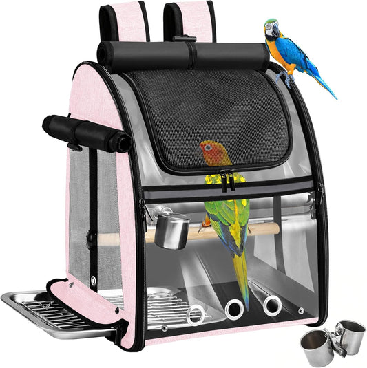 Sanmoncare Bird Carrier Backpack with Stainless Steel Mesh, Parrot Travel Cage with Stand, Easy to Clean, Portable Conures Travel Bag, Pet Breathable Travel Cage
