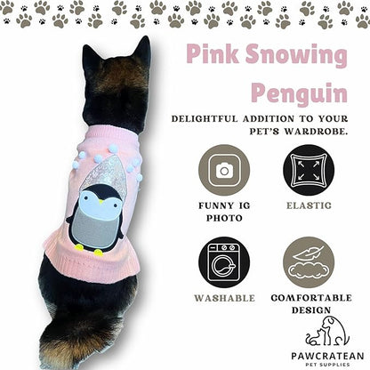 Cute Sweater for Dogs and Cats Soft Flannel Pet Outfit Warm and Cozy Animal Hoodie Small to Large Pet Clothes for Halloween Parties and Everyday Wear (Small, Pink Pinguin)