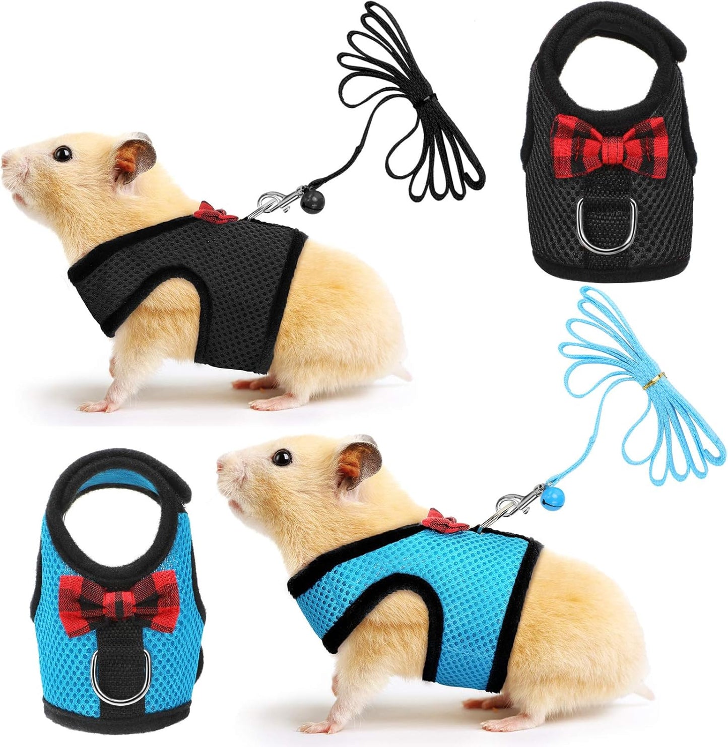 SATINIOR 2 Pieces Guinea Pig Bunny Harness Soft Mesh Hamster Rat Leash with Safe Bell, Ferret Pig Clothes and Leash Set for Hamster Ferrets Rats Bunny Guinea Chinchilla Teacup Chihuahua(S,Blue, Black)