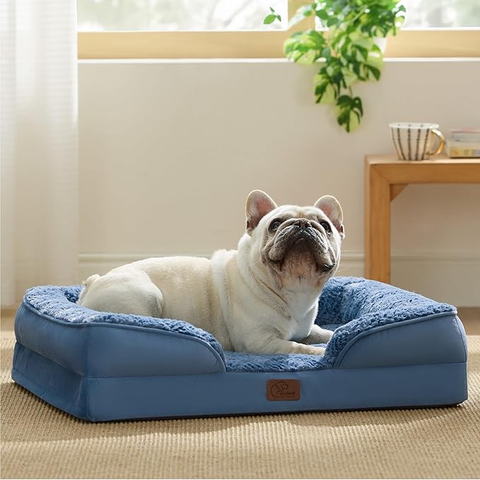 Bedsure Orthopedic Dog Bed Medium Size Dogs - Washable Medium Dog Cat Bed Waterproof, Comfort Pet Couch Sofa with Washable Removable Cover, Pets Bed with Nonskid Bottom, Plush-Blue, 28"