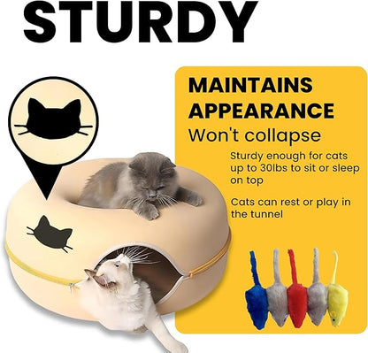 Laluz 2021 Large Cat Tunnel Bed for Multiple & Large Cats Up to 30 Lbs with 2 Toys, Scratch Resistant, Comfy Donut, Detachable & Washable Cat Donut Tunnel Bed (Beige)