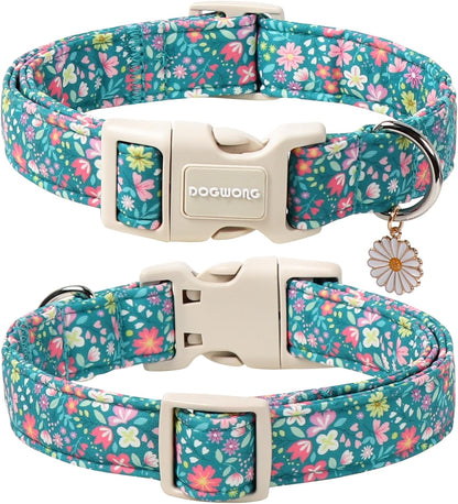 DOGWONG Blue Flower Dog Collar, Purple Daisy Dog Collar Adjustable Soft Fabric Girl Pet Dog Collars Cute Puppy Necklace for Small Medium Large Dogs