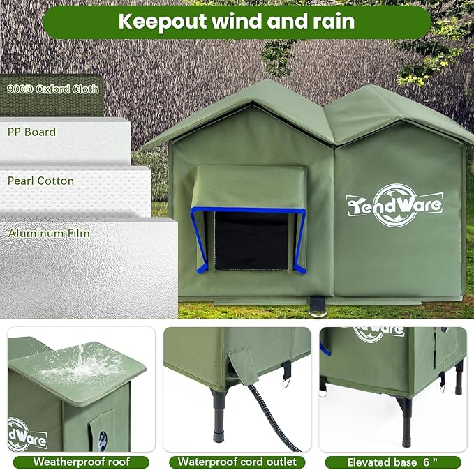 Heated Cat House for Outside Outdoor Cat House with Elevated Base Cat-Attracting Eave Design Feral Stray Shelter Weatherproof in Winter Garage Yard Porch Size L