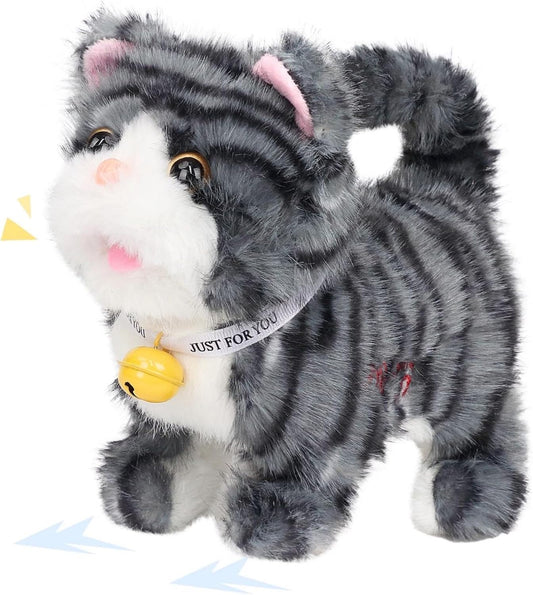 Easfan 7" Walking Plush Kitty Toy Stuffed Animal Electric Interactive Talking Musical Plush Toy Grey Cat Leash Tail Wagging Christmas Birthday Gifts for Kids Toddlers