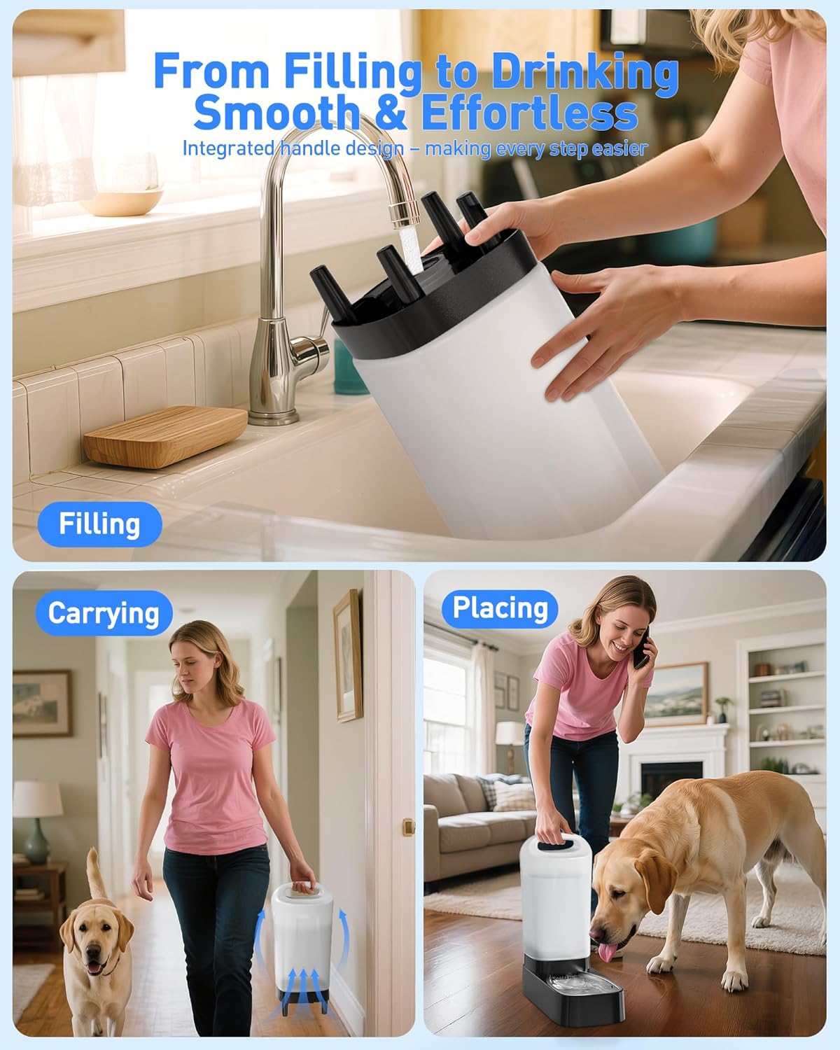 Automatic Dog Water Bowl Dispenser with Filter - 2.4 Gal Large Gravity Auto Pet Water Feeder Waterer with Stainless Steel Bowl & Easy Carry Handle for Large Dog Cat Multi Pet Use