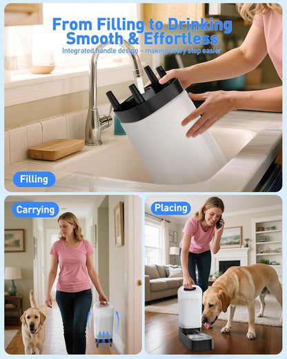 Automatic Dog Water Bowl Dispenser with Filter - 2.4 Gal Large Gravity Auto Pet Water Feeder Waterer with Stainless Steel Bowl & Easy Carry Handle for Large Dog Cat Multi Pet Use