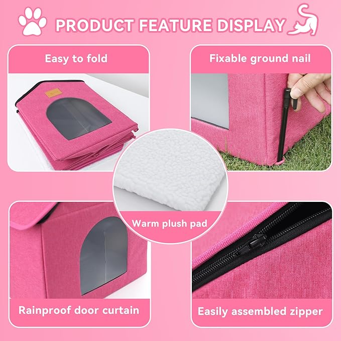 Outdoor Cat House for Shelter Feral Cat, Outside Waterproof Cat House for Outdoor/Indoor Cats, Insulated Cat Bed for All Seasons with Cozy Cushion (Rose Pink, Large Zip Style)