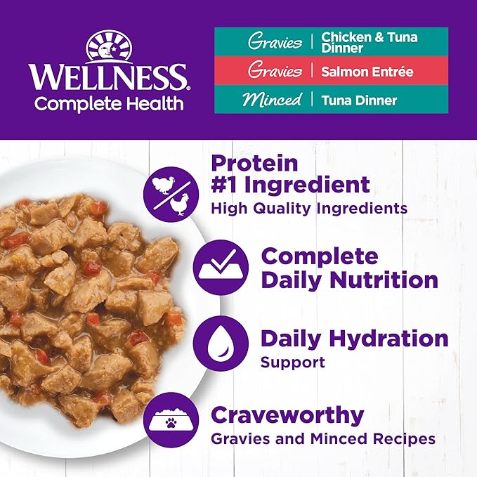 Wellness Complete Health Tasty Textures Gravy & Minced Adult Wet Cat Food, Natural, Protein-Rich, Grain Free, 3 Ounce, 12 Pack, (Salmon, Tuna, and Chicken Variety Pack)