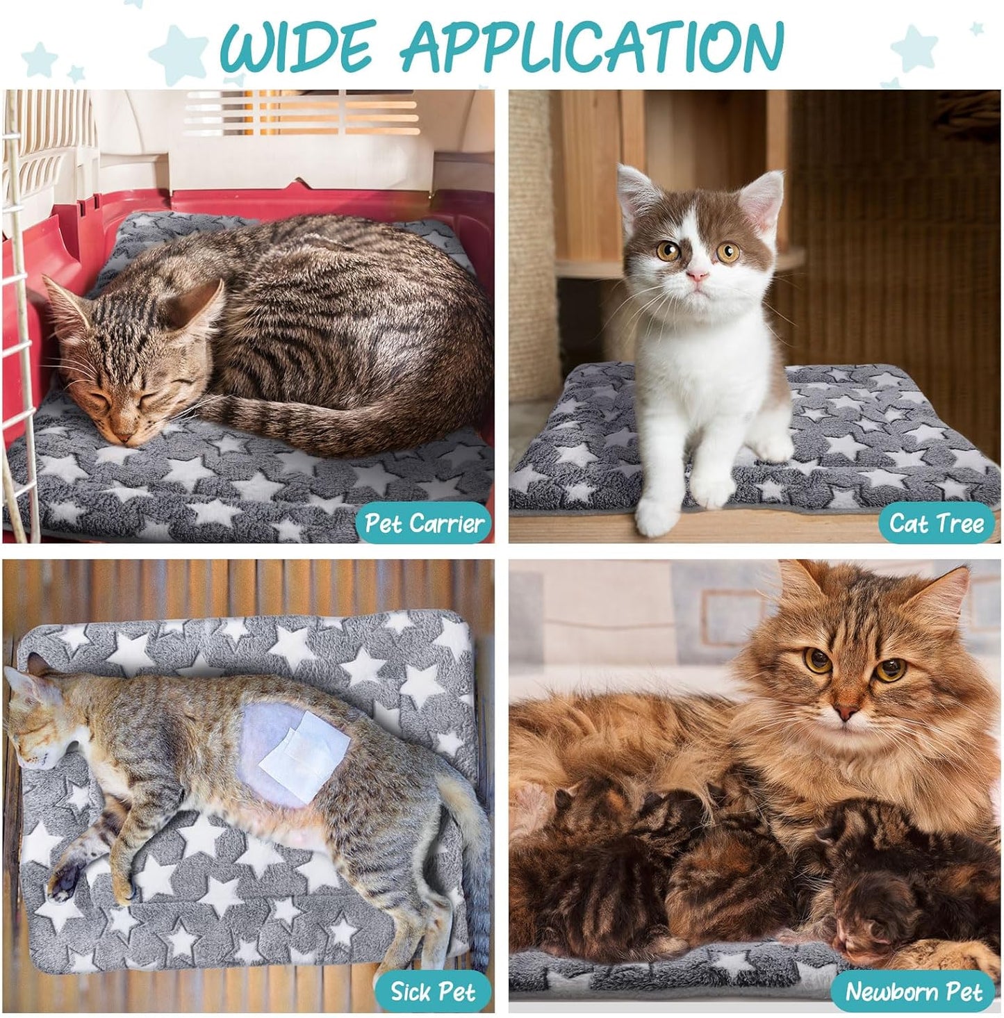 VitalCozy 2 Pack Self Warming Cat Mat Self Heating Pad Bed Reversible Machine Washable Reflects Body Heat Warm Thermal Pet Pad Crate Blanket for Feral and Indoor Cat(Star,21" X 14")