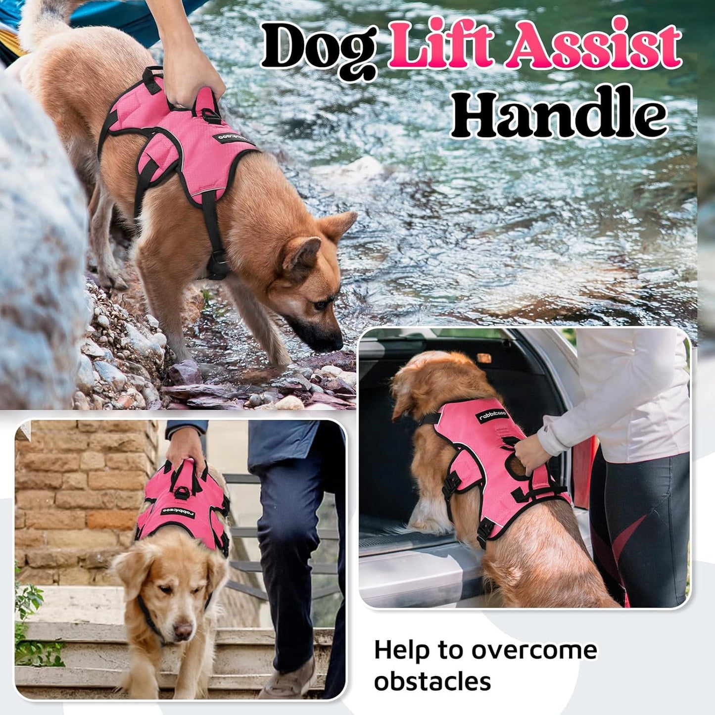 rabbitgoo Escape Proof Dog Harness, Soft Padded Full Body Pet Harness, Reflective Adjustable No Pull Vest with Lift Handle and Leash Clip for Large Dogs Walking Hiking Training, M, Pink