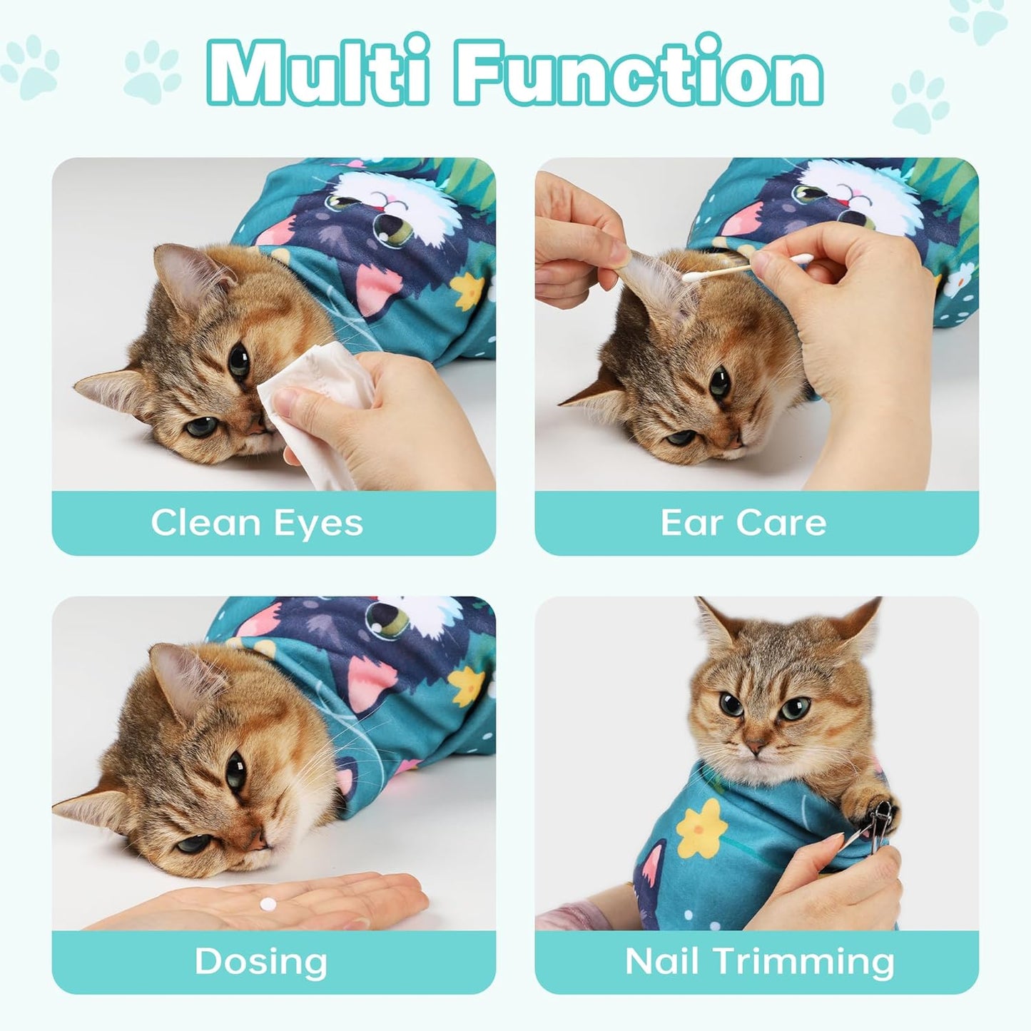 Cat Grooming Wrap, Cat Wrap for Cutting Nails, Self-Adherent Fabric Wrap for Cats, Cat Burrito Wrap Anti-Scratch, Anti-Escape, Multifunctional Swaddle Wrap Pet Tool 27.5×27.5"