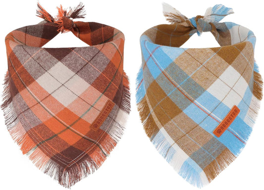 ADOGGYGO Fall Dog Bandanas with Tassels Edges, Stylish Plaid Pet Halloween Thanksgiving Scarf Bib, Orange Plaid Fall Bandanas for Small Dogs Pets (Small)