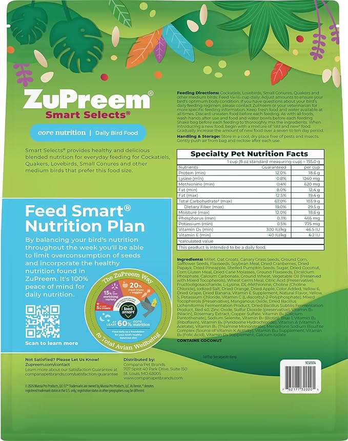 ZuPreem Smart Selects Pellets & Seed Blend, Daily Food for Cockatiel, Lovebird, Quaker, Conure, Lorikeet, Core Nutrition Food for Medium Birds, Essential Vitamins, Conure Feed (M, 2.5 lbs)