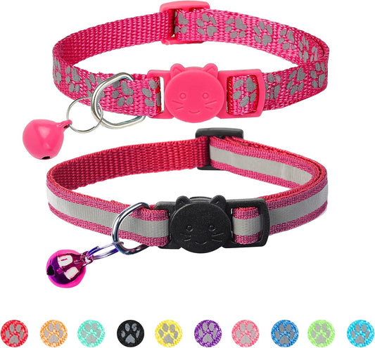 BANMODER 2 Pack Reflective Cat Collar Breakaway with Bell,Personalized Kitten Collars,Adjustable Safety Buckle Collar for Male Cats Girls & Boys (Hot Pink)