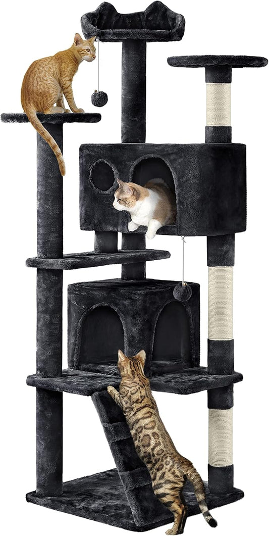 Yaheetech 62in Cat Tree Tower for Indoor Cats, Furniture w/Double Condo, Scratching Posts, Multiple Platforms and Balls for Kittens, Black