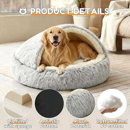 2-in-1 Dog Bed: Upgraded Aluminum Rim Support & Non Slip Bottom - Cozy Cave + Blanket for Large Medium Dogs Under 20 kg (44 lbs) | Plush Self-Heating for Border Collie, Labs