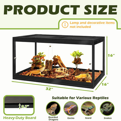 Prolee Tempered Glass Beard Dragon Tank 37 Gallons,Reptile Encloure and Snake Tank with Metal Mesh Roof Door,Locking Design Reptile Tank for Lizard,Gecko,Chameleon (32"X16"X16",Black)