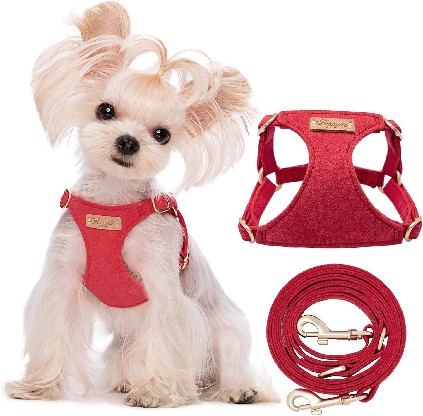 Puppytie No Pull XXS Puppy Harness with Multifunction Dog Leash,Soft Adjustable No Choke Escape Proof Pet Harness Vest,red-Camellia,XXS
