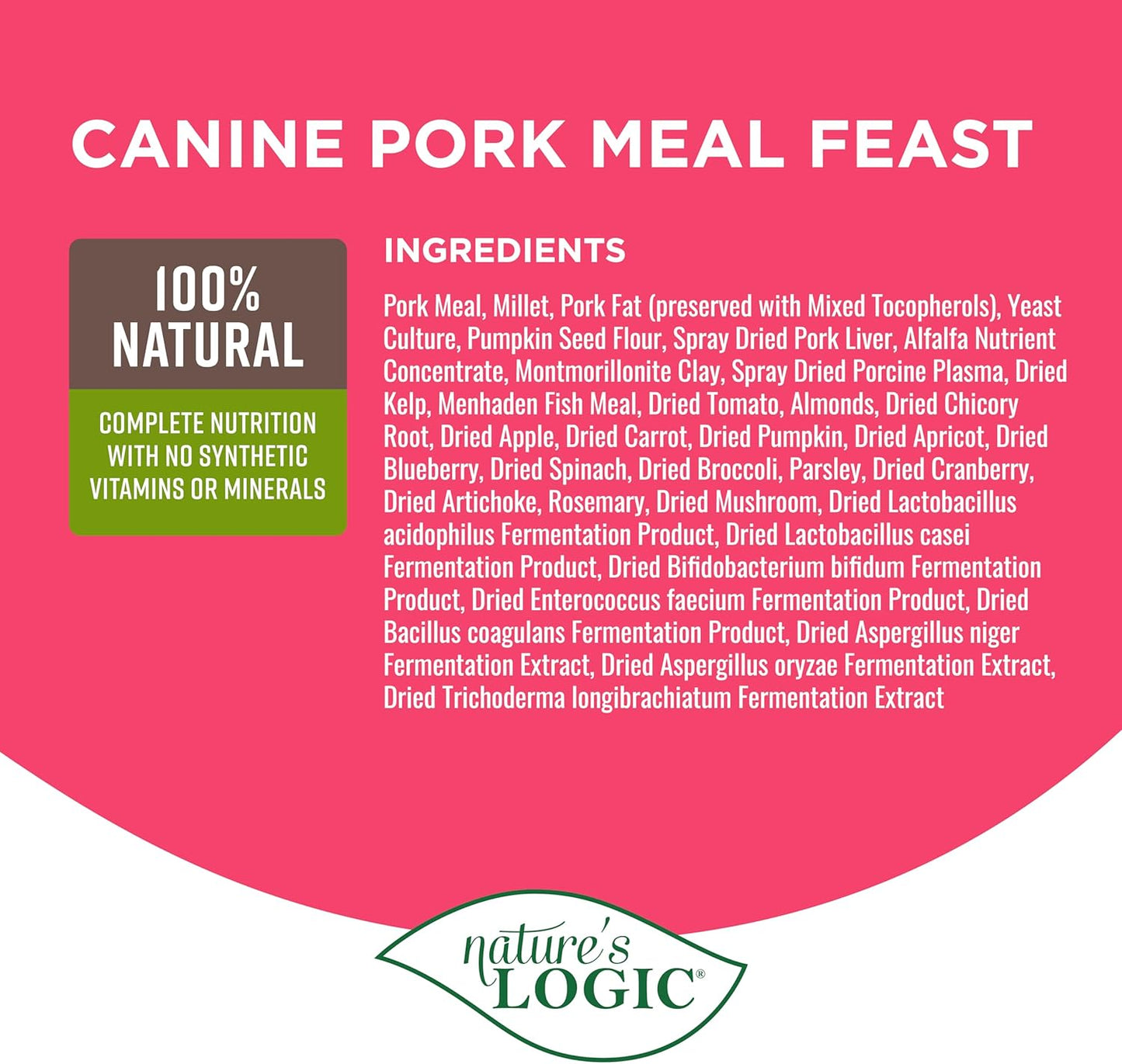 NATURE'S LOGIC Dry Dog Food - 100% Natural - No Synthetics - for All Ages, Sizes, Breeds - Free from Common Allergens, High Protein - Pork Meal Feast, 4.4lbs