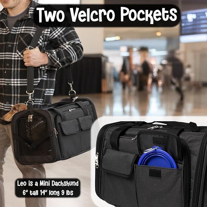 Pet Carrier with Wheels | Delta American Frontier Airline Approved | Two Expandable Sides, Storage Pockets Adjustable Leash | Rolling Dog and Cat Carrier TSA Compliant (Light Grey 17x12.5x11)