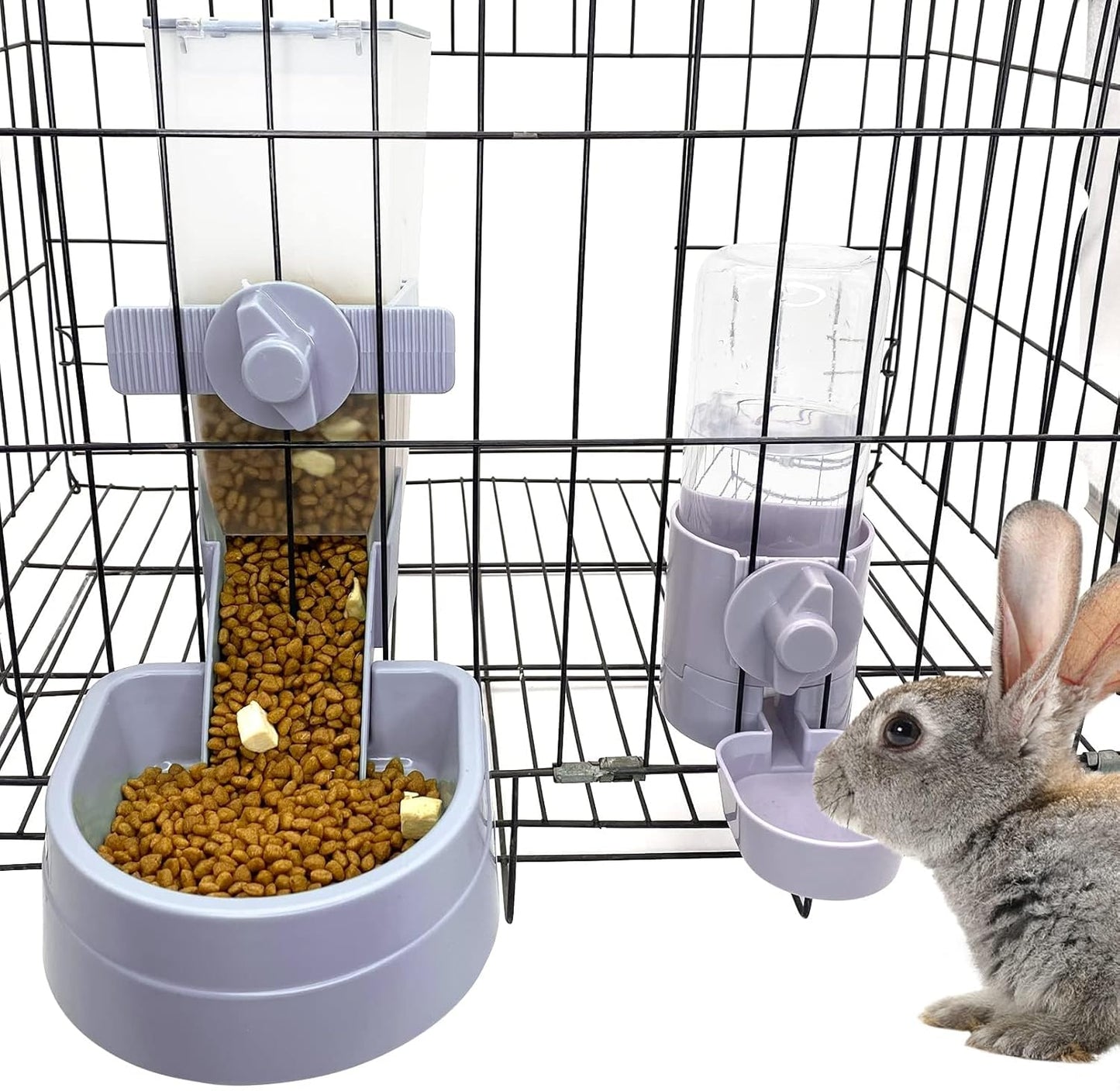 kathson Rabbit Food Water Dispenser Pet Cage Automatic Feeder 2L Food Dispenser 17oz Waterer Small Animal Hanging Bottle Bowl Set for Rabbit Cat Small Dog Ferret Puppy