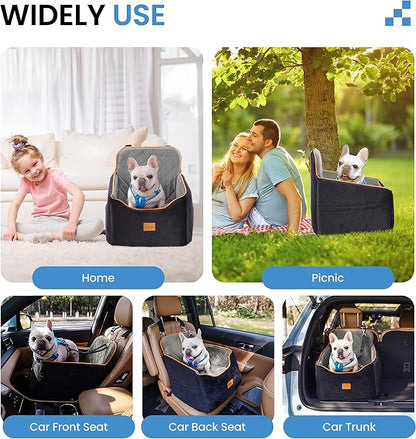 Dog Car Seat for Small Dogs - Puppy Car Seat with Safety Strap & Waterproof Padding, Portable Pet Carrier for Cars, Trucks & SUVs, Comfortable Elevated Bed for Pets Up to 35lbs (Black/Grey)