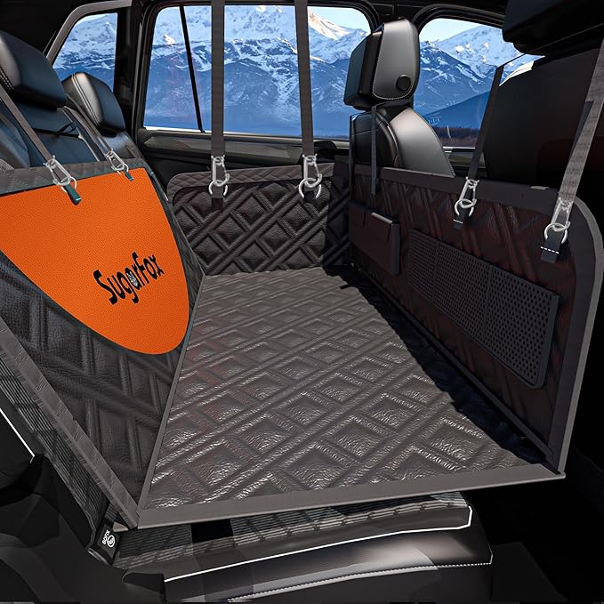 Dog Back Seat Extender & Car Seat Cover - Upgraded PU Leather, Hard Bottom Holds 400lbs, Waterproof Anti-Scratch Dog Hammock for Cars, SUVs, Trucks Easy to Clean + Pets Safety Belt (Black-L)