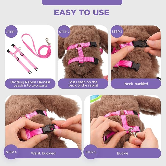 Outus 5 Pieces Adjustable Rabbit Harness and Leash Set Escape Proof Bunny Harness Vest for Pet Running Walk Jogging Bunny Cat Puppy Kitten Ferret and Other Small Pet(Lovely Color)