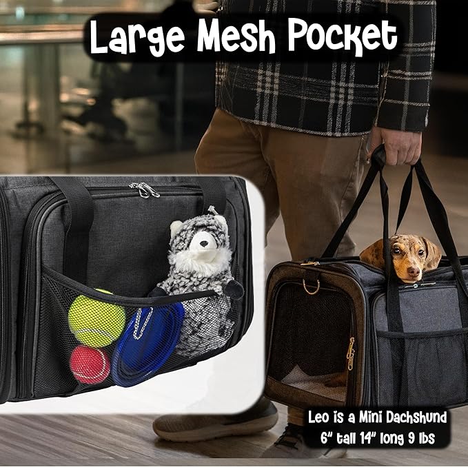 Pet Carrier with Wheels | United Delta American Frontier Airline Approved | Two Expandable Sides, Storage Pockets Adjustable Leash | Rolling Dog and Cat Carrier TSA Compliant (Dark Grey 17x11x11)