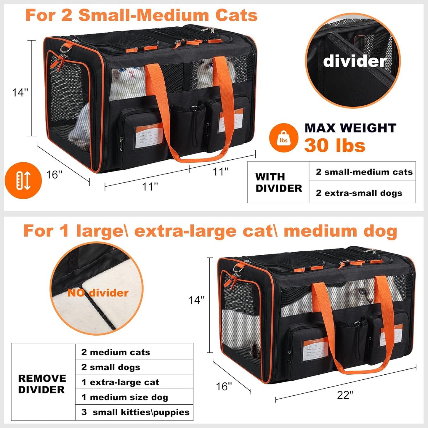 22''(L) x 16''(W) x 14''(H) Large Double pet Carrier for 2 Small-Medium Cats and car Travel,with a Removable Divider,Large Loading top,4 Pockets and Zipper Locks.