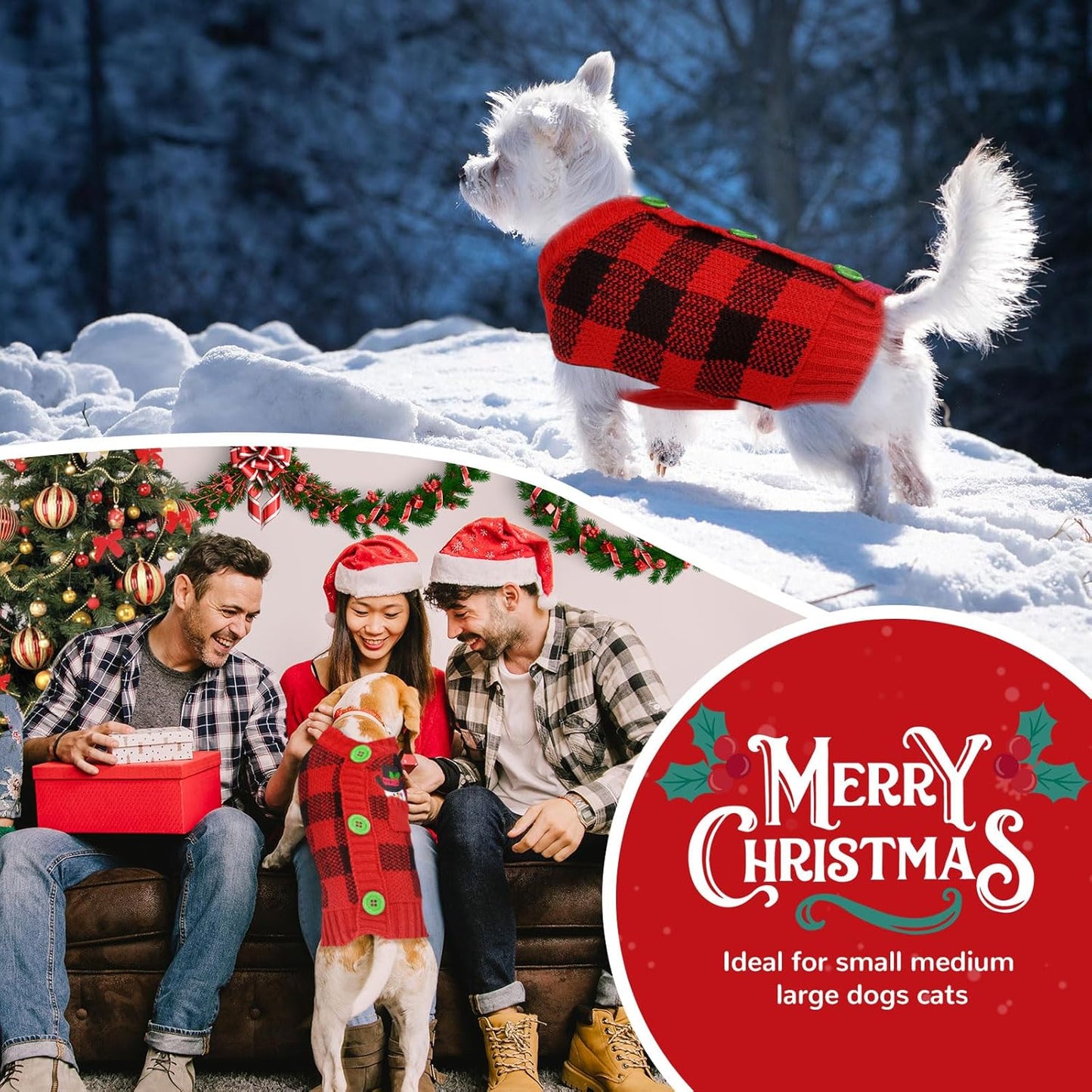 PETCARE Dog Christmas Sweater V-Neck Warm Knitted Puppy Sweaters Vest Cute Red Plaid Snowman Xmas Clothes Outfit for Small Medium Large Dogs Cat Pet Pullover (Decorative Buttons. Can't Untie)