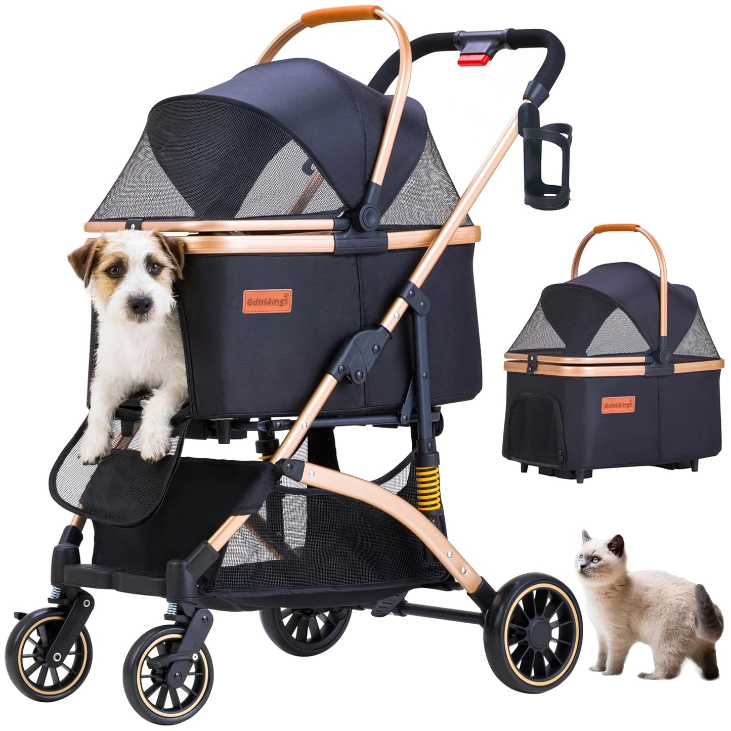 Pet Stroller for Small Dogs, Lightweight Small Dog Stroller for Dogs Cats with 6 Shock Absorption System, Detachable Carrier Suitable for Car Seat & Hand Carry, Safe Outings, Black