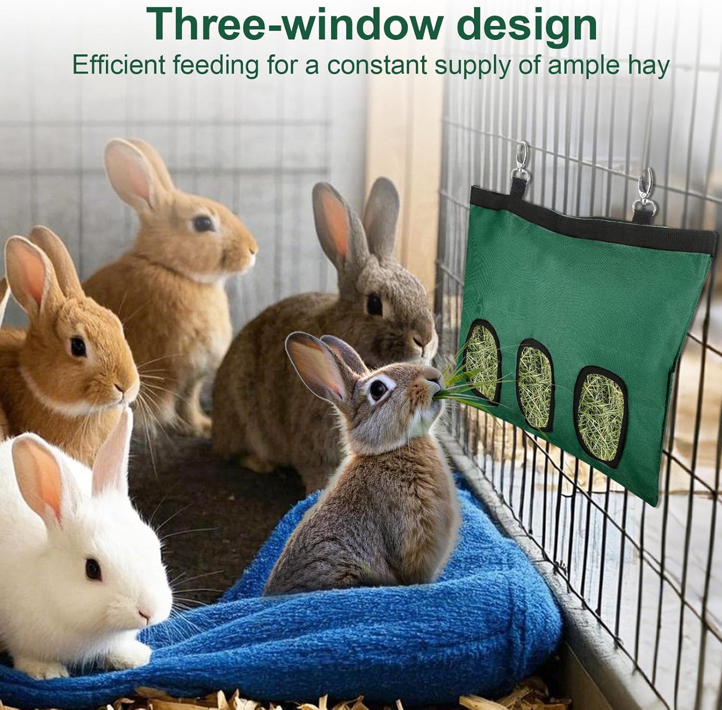2 Pcs Rabbit Hay Feeder,Guinea Pig Hay Feeder,13×10.8 Inch Guinea Pig Bag,Small Animal Feeding Bag for Rabbits, Hamsters, Hedgehogs(3 Holes,Green)