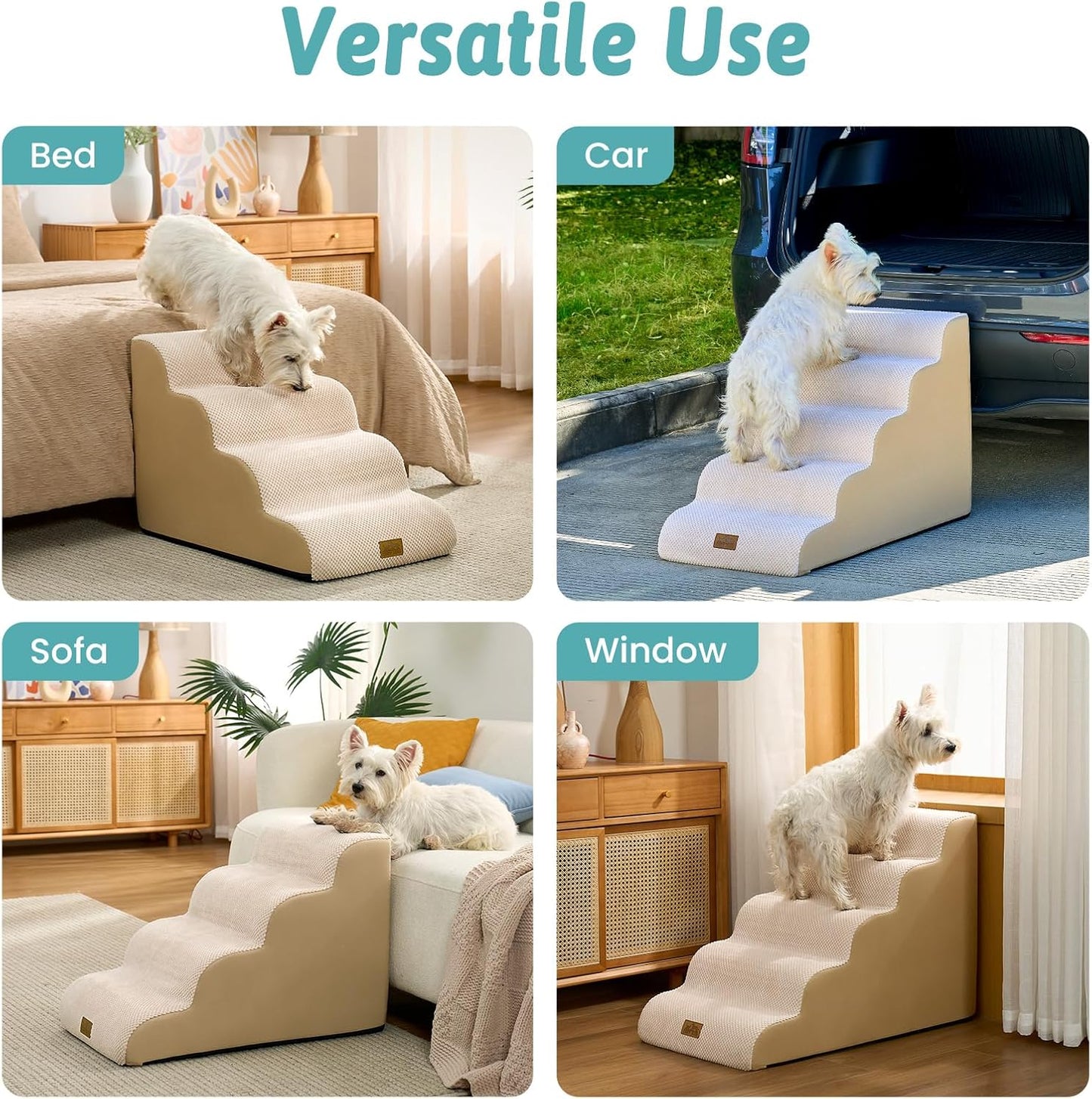 Wide Dog Stairs for Small Dog 19.7" H, Pet Step for Puppy, Older Cat, Curved Ramp for High Bed or Car, Stairs with High Density Foam, Lightweight, Durable, 4 Step, 17.7x28x19.7 inch, Beige