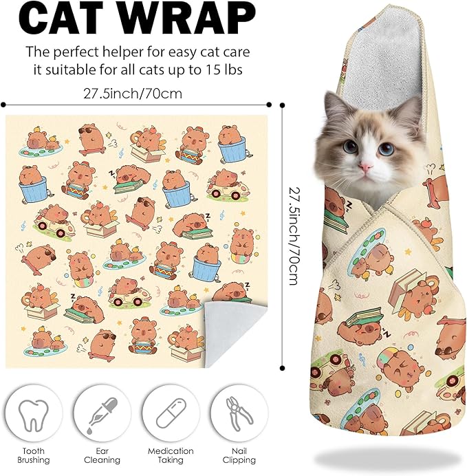 27.6" Cat Grooming Wrap, Self Adhesive Cat Wrap for Cutting Nails, Anti-Escape Calming Cat Swaddle Wrap for Medicine Ear Cleaning, Anti-Scratch Cats Burrito Restraint Blanket, Pet Tool (6-10 lbs)