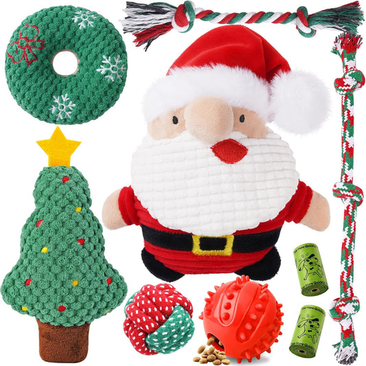 Zeaxuie Dog Chew Toys for Xmas - 9 Pack Santa Puppy Toys for Teething Small Dogs with Rope Toys, Treat Ball and Squeaky Dog Toys