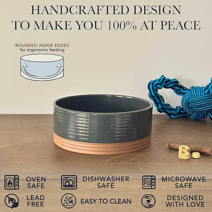 Mora Ceramic Pet Bowl - Large Food/Water Dish for Large Dogs, Cats, Great Dane, Mastiff - 50oz or 8 Cups - Basic Bowls - Charcoal