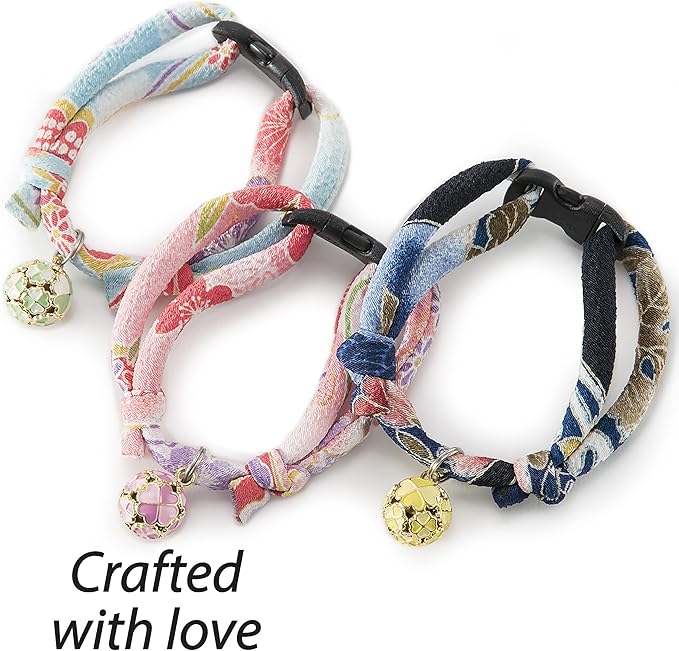 Necoichi Chirimen Cat Collar with Clover Bell (Baby Blue) with Bell Safety Breakaway Soft Lightweight for Cats Kitty Kitten Japanese Stylish Pattern, No.1 Seller in Japan