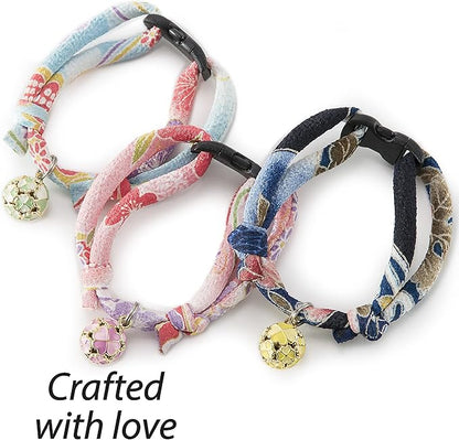 Necoichi Chirimen Cat Collar with Clover Bell (Baby Blue) with Bell Safety Breakaway Soft Lightweight for Cats Kitty Kitten Japanese Stylish Pattern, No.1 Seller in Japan