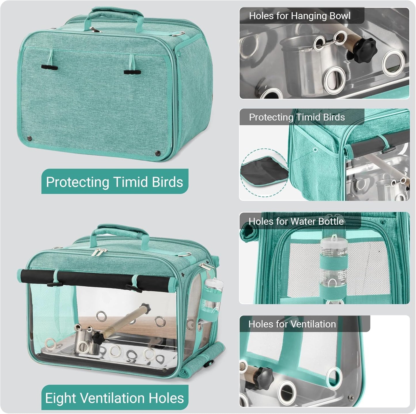 Sanmoncare Airline Approved Bird Carrier, Indestructible Stainless Steel Mesh Parrot Travel Cage, Cockatiels Travel Carrier Lightweight and Portable with Water Bottle and Bowl