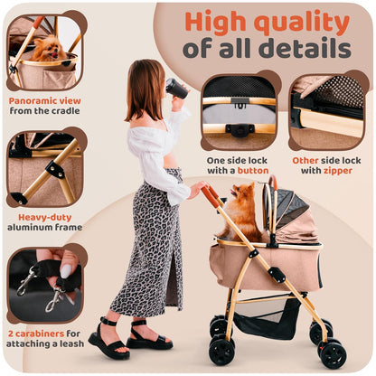 Pet Stroller for Small Medium Dogs & Cats – 2-in-1 Detachable Carrier, Zipperless Entry, Lightweight Folding Travel Stroller with Storage Basket, Cup Holder, Brown