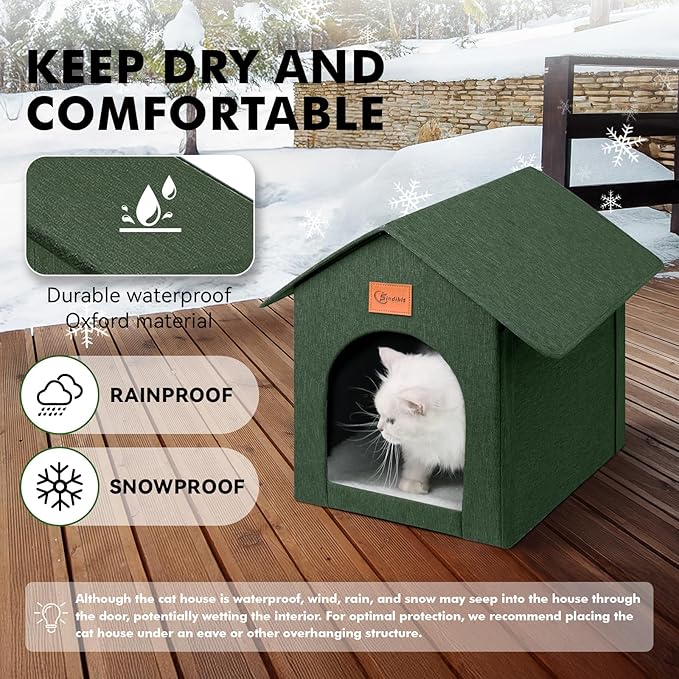 Outdoor Cat House Feral Cat Shelter,Outside Waterproof Cat House for Outdoor/Indoor Cats, Insulated Cat Bed for All Seasons with Cozy Cushion Easy to Assemble Olive Green