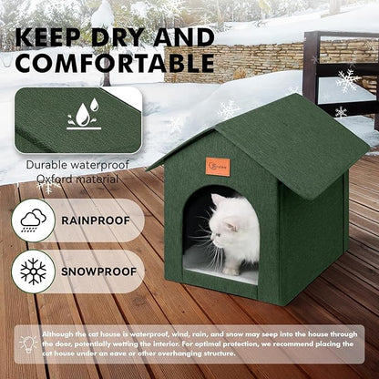 Outdoor Cat House Feral Cat Shelter,Outside Waterproof Cat House for Outdoor/Indoor Cats, Insulated Cat Bed for All Seasons with Cozy Cushion Easy to Assemble Olive Green
