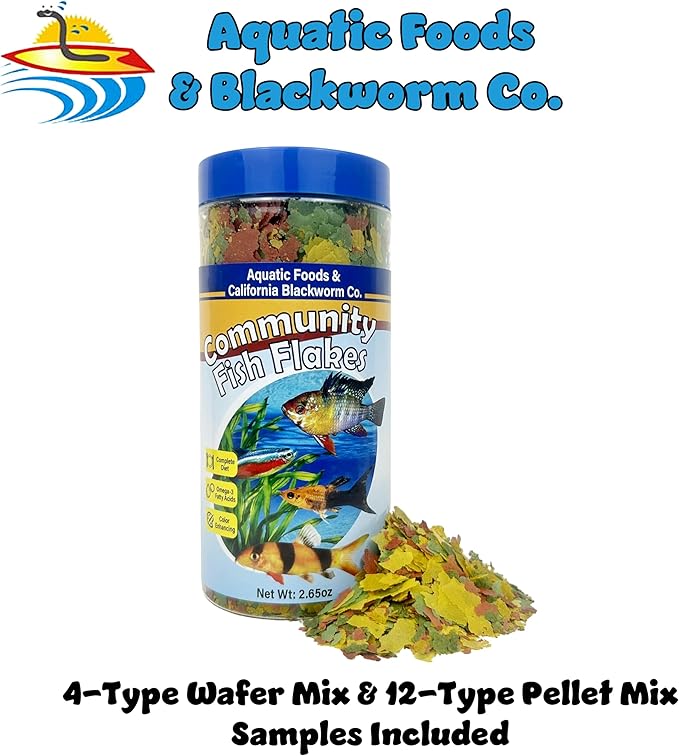 Aquatic Foods Inc. Community & Tropical Fish Flakes, for Angel Fish, Guppies, Live Bearers, Loaches, Gouramis, Catfish, Cichlids, 12-Type Pellet Mix & 4-Type Wafer Mix Included..2.65oz Canister