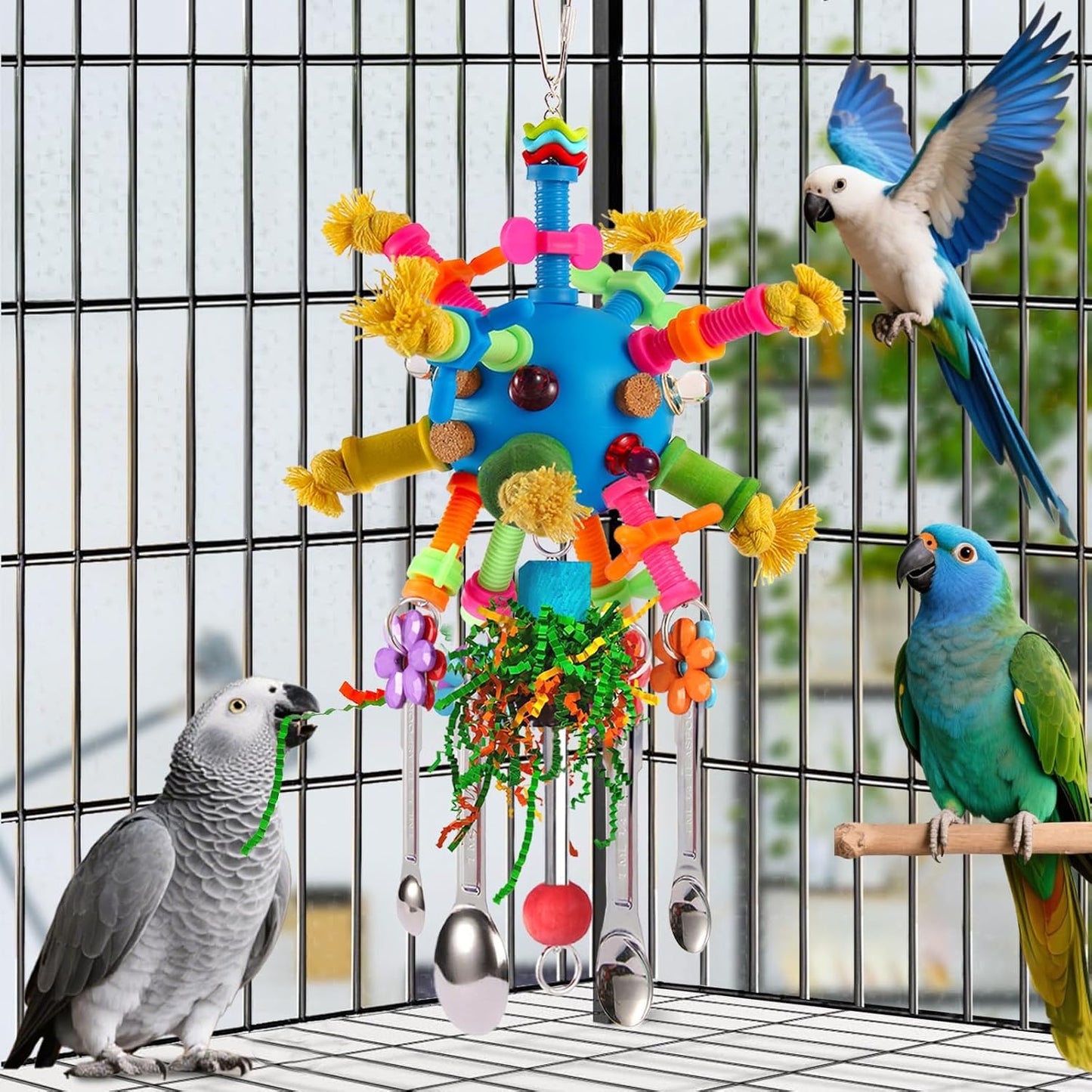 Parrot Toys Bird Toys Perch Pullable Stainless Steel Spoons Colorful Acrylic Stick Chew Toys for Amazons Mini Macaws African Greys Cockatoos Conures, Cockatiels, Lovebirds, Parrotlets and Other (blue)