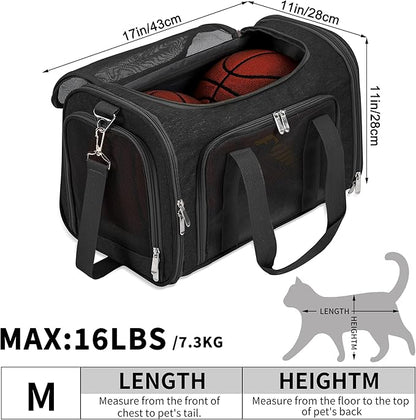 Soft-Sided Cat/Dog/Pet Carrier, Collapsible Pets Travel Carriers for Big Cats/Small Dogs with Shoulder Strap & Removable Mat, Mesh Puppy Carry Bag, Up to 16 Lbs, TSA Airline Approved(Black)