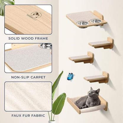 Space-Saving Cat Wall Shelves – Interactive Cat Wall Climber with Hammock & Dog Proof Feeding Station for All Indoor Breeds – Solid Natural Wood with Beige Carpet